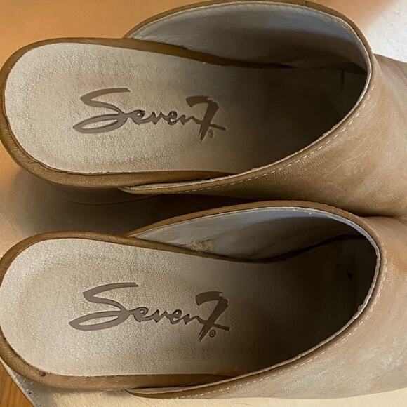 Seven7 Tan Mules Boots Western Bohemian Slip On Transitional Wood 3” Block Heel - Picture 3 of 9